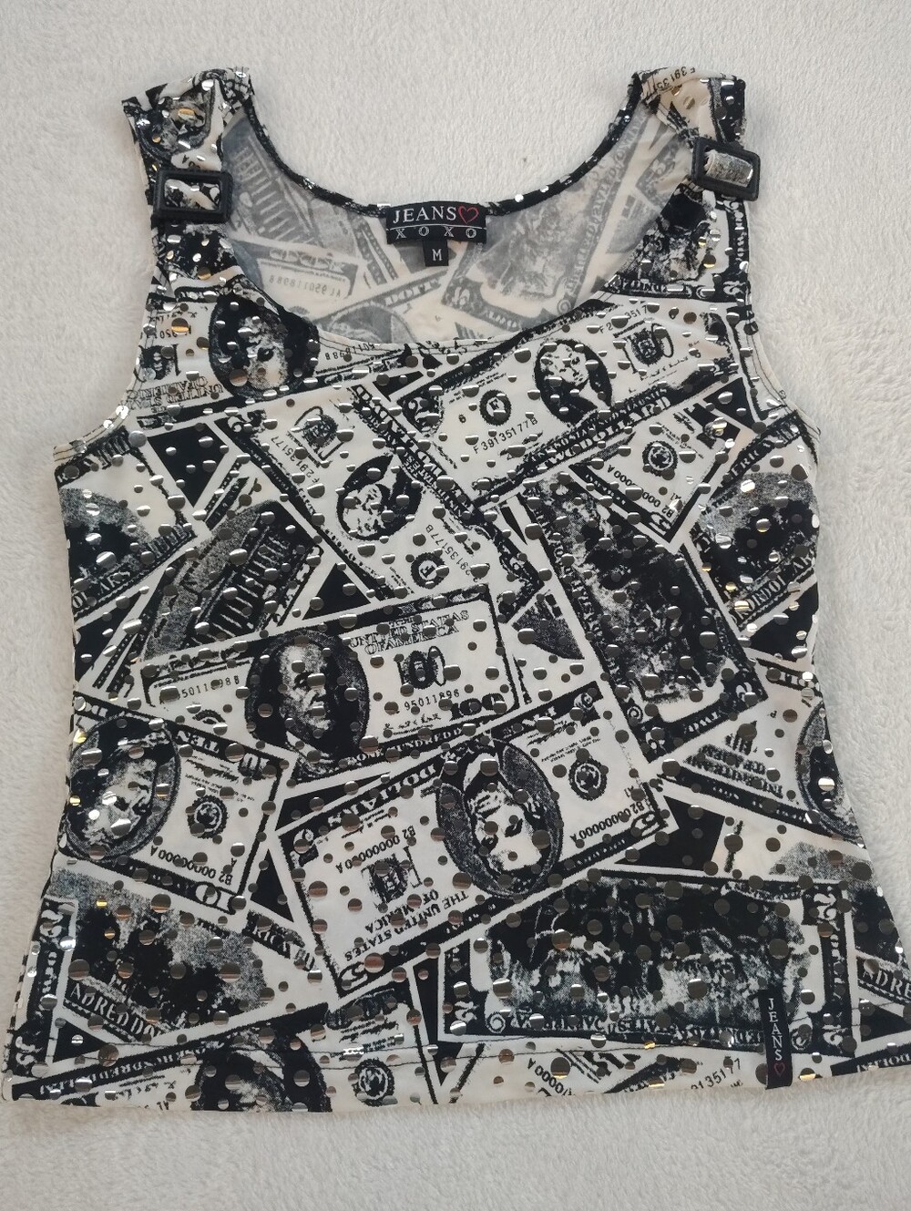 XOXO Jeans Black and White Sequin Money Print Tank Top